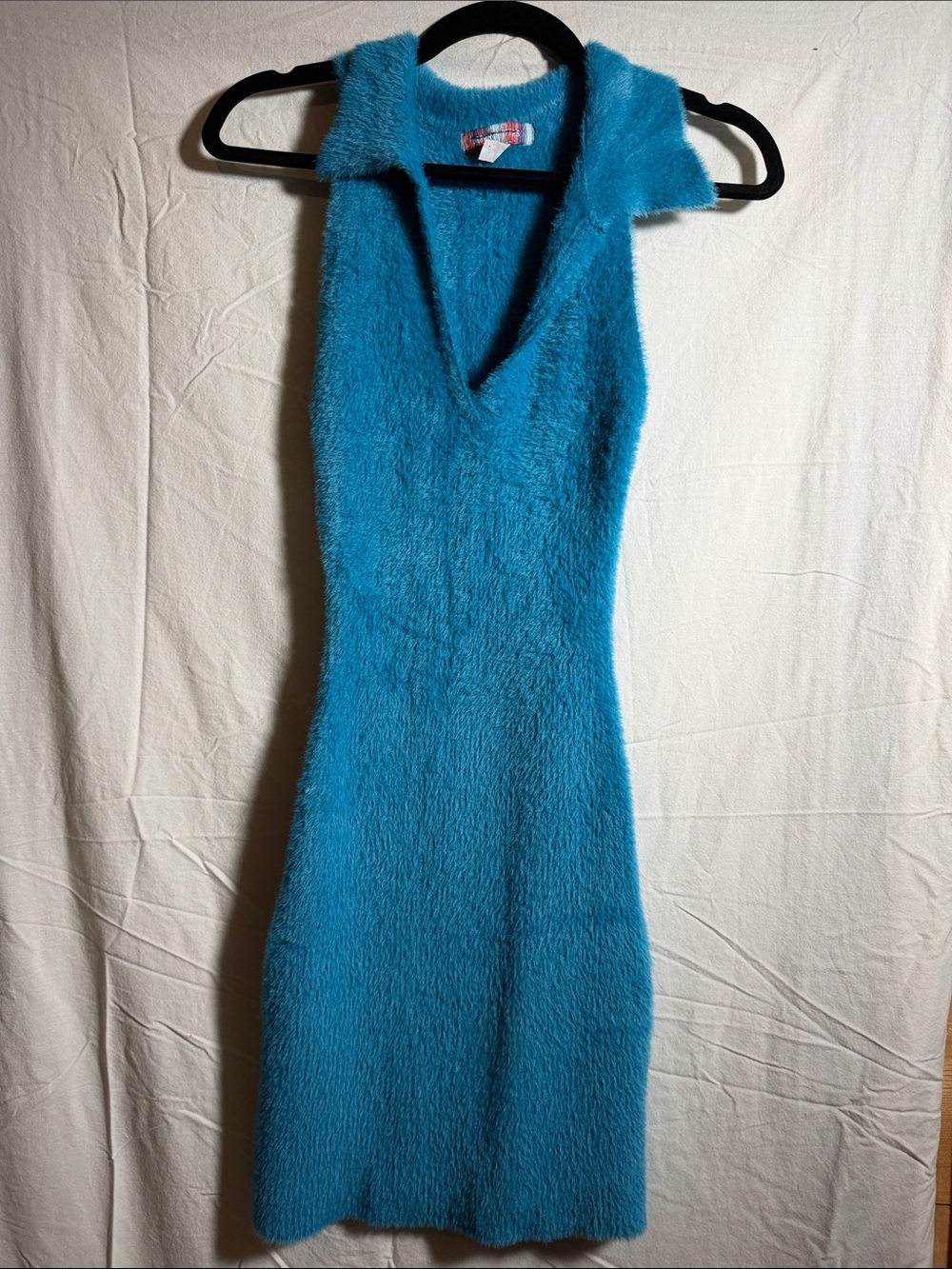 Urban Outfitters Teal Fuzzy V‑Neck Sleeveless Dress